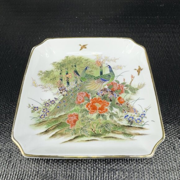 Vintage Otagiri OMC Oriental Square Dish Plate Trinket Holder Peacock Floral VTG - Picture 9 of 11